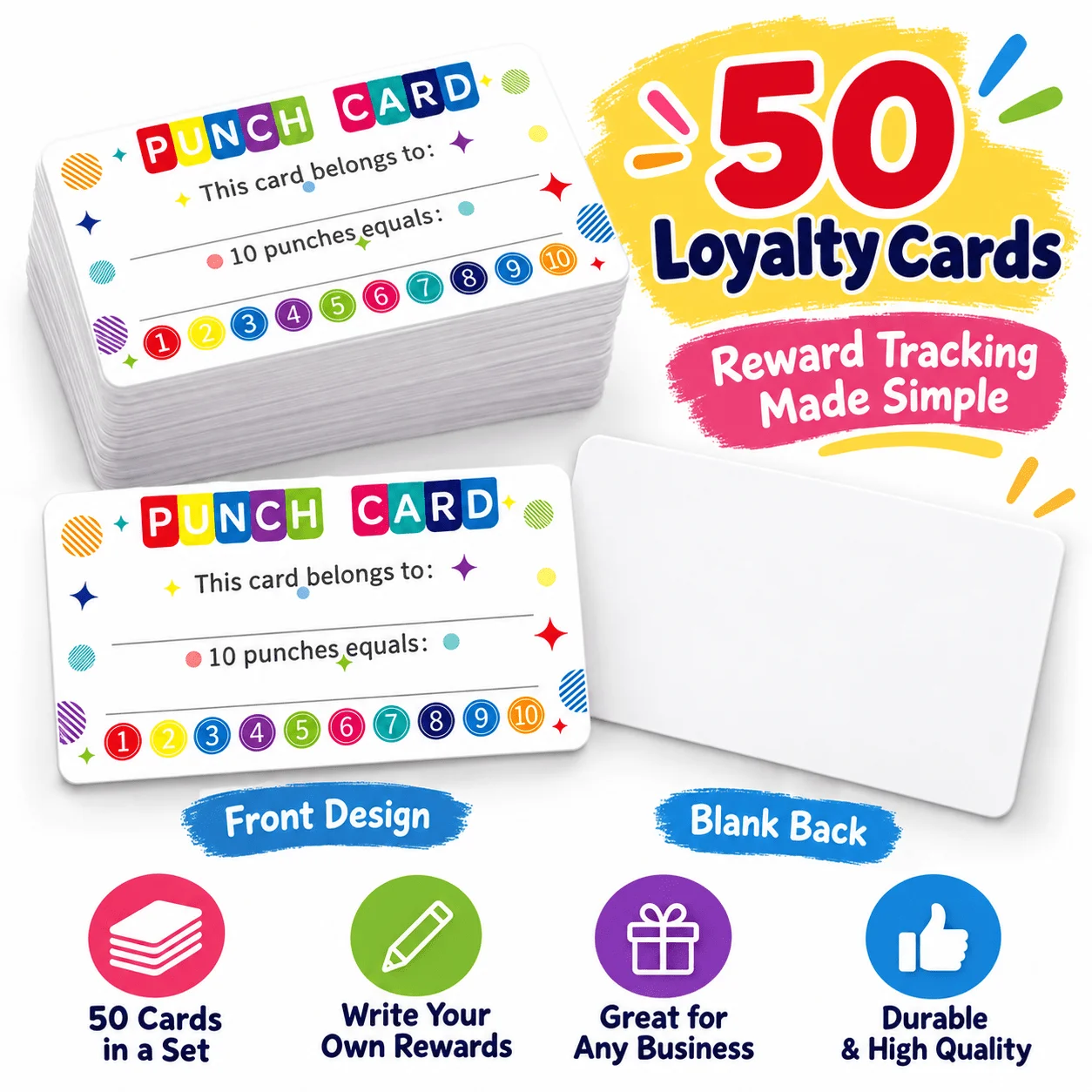 50PCS Punch Loyalty Cards, 10-Visit Reward Tracking Cards with Blank Back for Small Business, Cafe, Salon & Shop