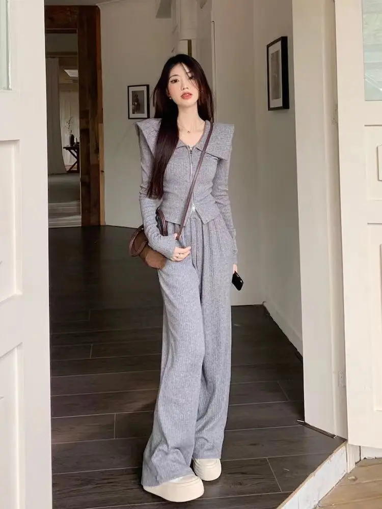 Women Sets Sailor Collar Two-way Zipper Shirt Long-sleeve High Waist Straight Pant Two Pieces Soft Solid Simple Korean-style