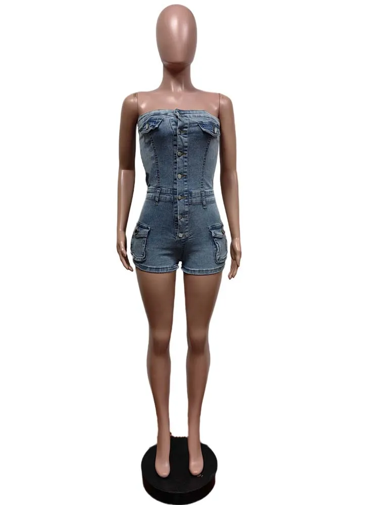 Kricesseen High Street Button Details Denim Jumpsuits Overalls For Women Strapless Pockets Jeans Playsuits Night Out Bodysuits