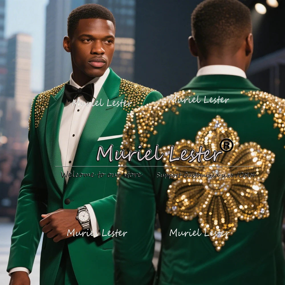 

Роскошные зеленые бархатные мужские комплекты из 2 предметов с камнями из бисера, пиджаки для жениха, индивидуальные мужские смокинги для выпускного вечера, костюмы для подружки невесты