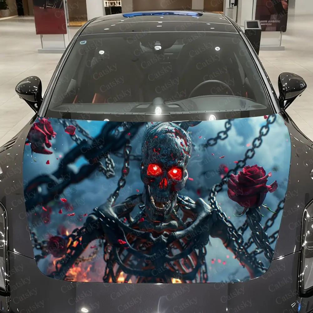 

Dark Chain Skull Red Rose Car Vinyl Wrap, PVC Material Waterproof Car Hood Sticker, Self-Adhesive Scratch-Resistant Stickers for