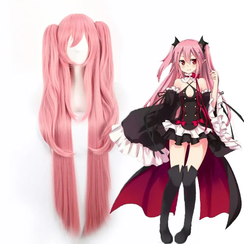 QQXCAIW Women Anime Cosplay Wig Krul Tepes Pink Long With 2 Ponytails Heat Resistant Synthetic Hair Halloween Wigs