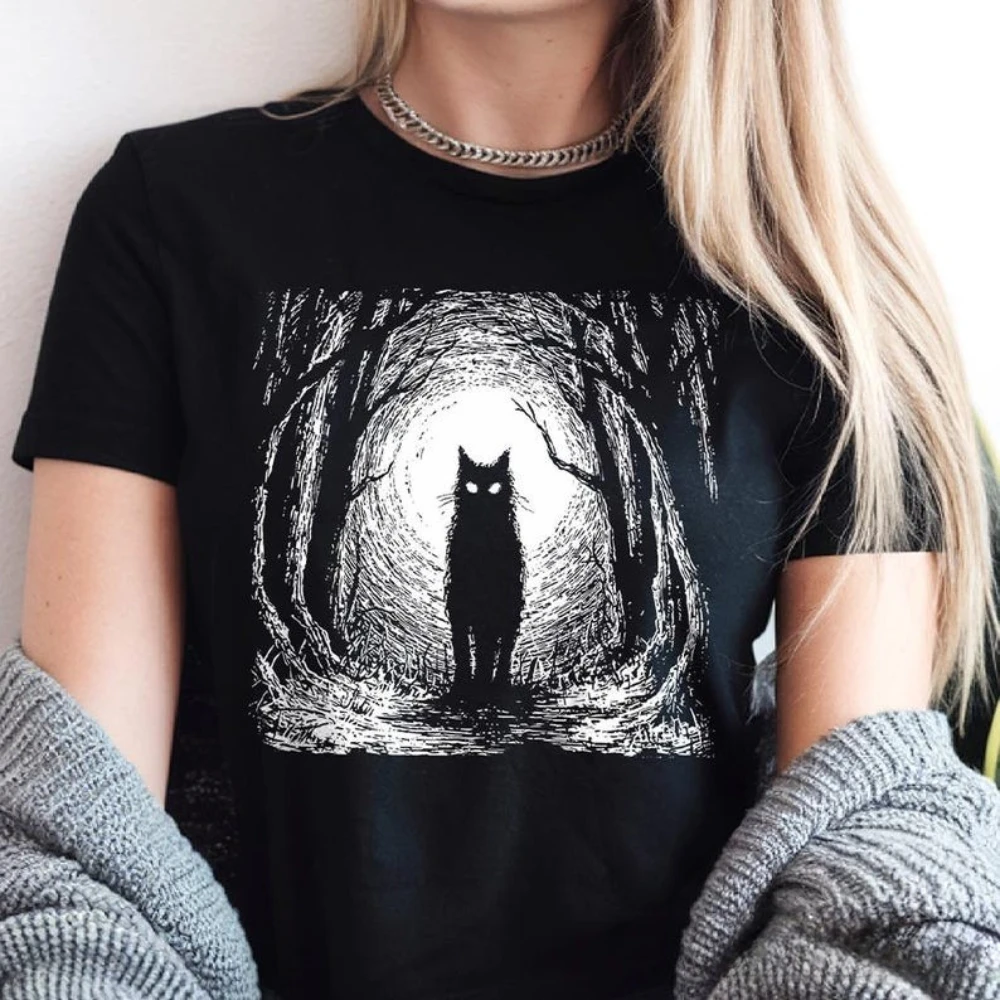 

Haunted Forest Black Cat T-Shirt Spooky Halloween Night Tee Horror Halloween Gift Unisex Tshirt Men Women Unique Printed Tops
