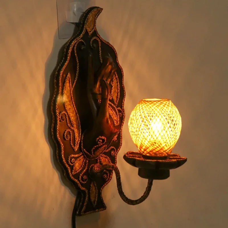 Solid Wood Wall Lamp for Corridor and Passage, Decorative Buddha Hand, Bodhi Leaf Shape, Bamboo Weaving Lamp Shade, Lotus Base