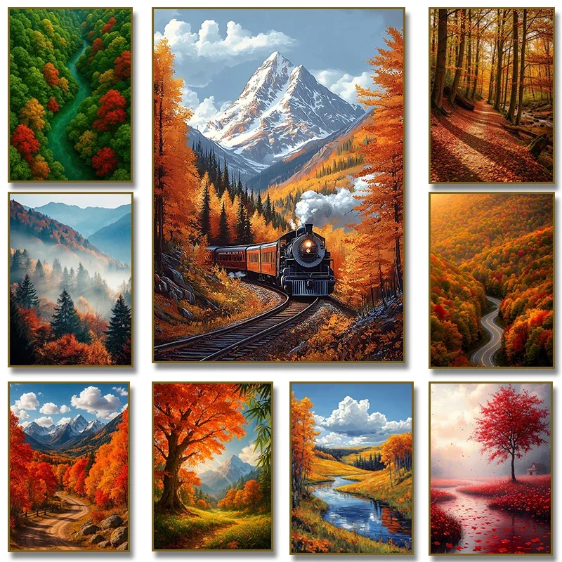 1pc frameless Canvas Painting Train Through Autumn Mountain Forest Landscape Poster Canvas Painting Print Wall Picture for Livin
