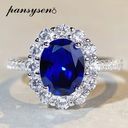 PANSYSEN Vintage 100% 925 Sterling Silver Oval Cut Sapphire Citrine High Carbon Diamond Ring 18K White Gold Plated Party Jewelry