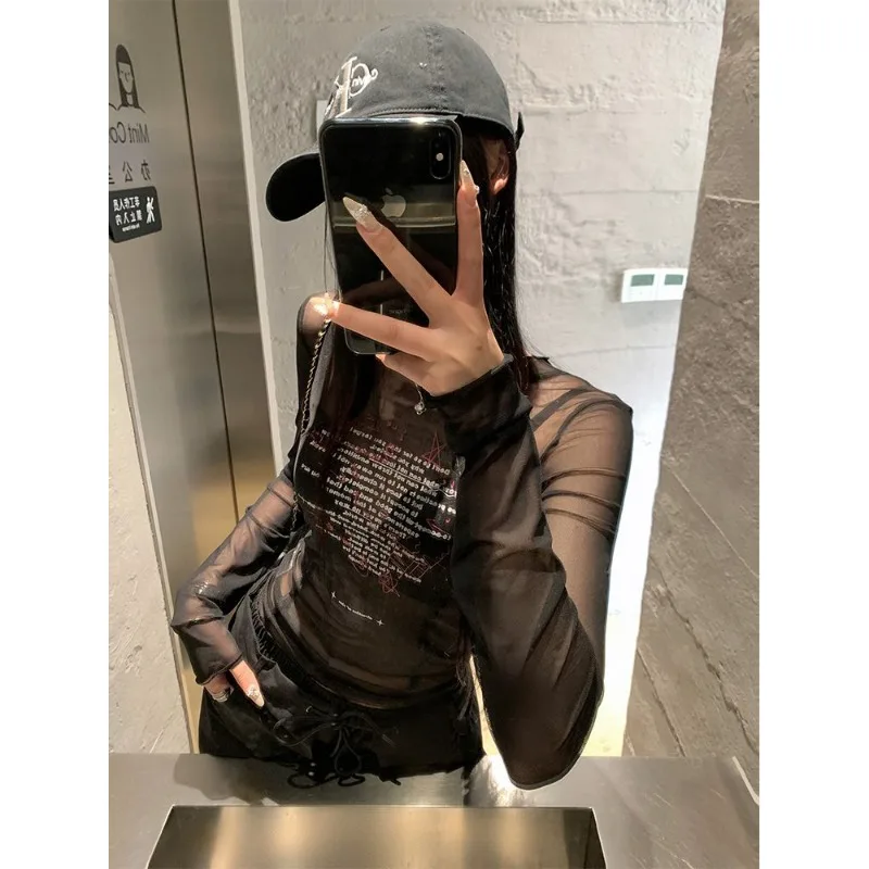 Mesh Transparent Pilz Gedruckt Rundhals Langarm T-shirt Damen Slim Bottoming Shirt Top