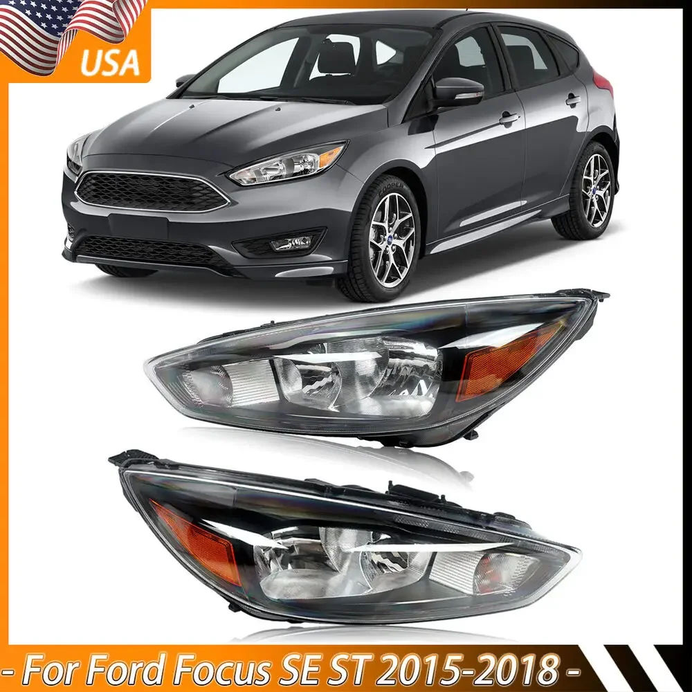 

Fits Ford Focus 2015-2018 Headlights Headlamp Halogen Black Left+Right with LED DRL US Version