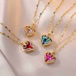 Colorful Zircon Peacock Love Heart Pendant Necklaces for Women Stainless Steel Chain Romantic Luxury Jewelry Accessories Gifts