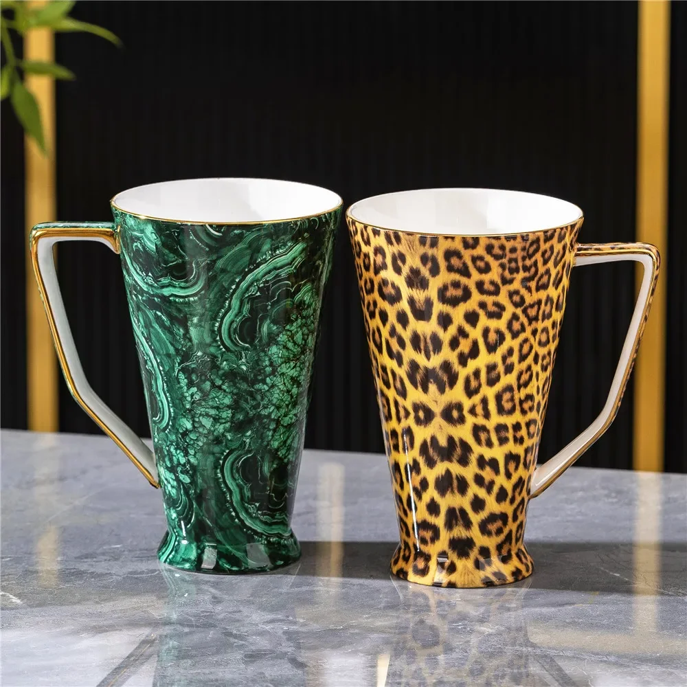 ‌Leopard Print Bone China Large Flared Mug, Gold Rim Large Capacity Coffee Milk Tea Beer Juice Water Cup for Home Office Party‌