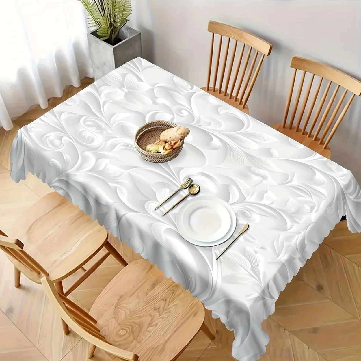 Exquisite abstract white floral pattern polyester tablecloth - 1 piece, digitally printed design is exquisitezyc