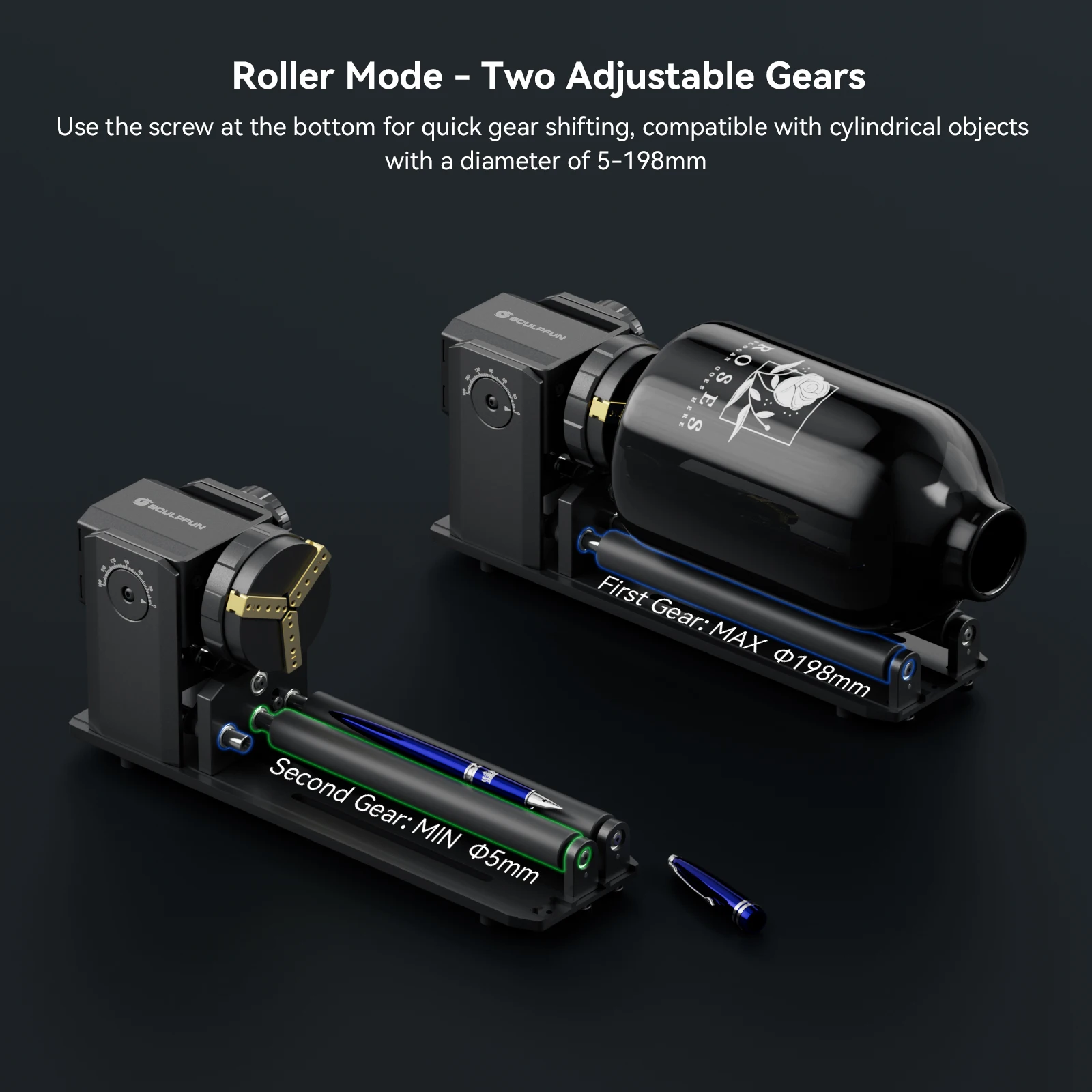 SCULPFUN RA Pro Max Rotary Chuck Y-axis Rotary Roller Engraving Module with 180° for Cylindrical Objects 4 in 1 Rotary Module