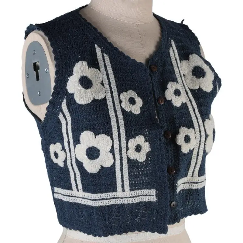 

652F женский вязаный жилет без рукавов, вязаный крючком, жилет с v-образным вырезом на пуговицах, красочный укороченный кардиган