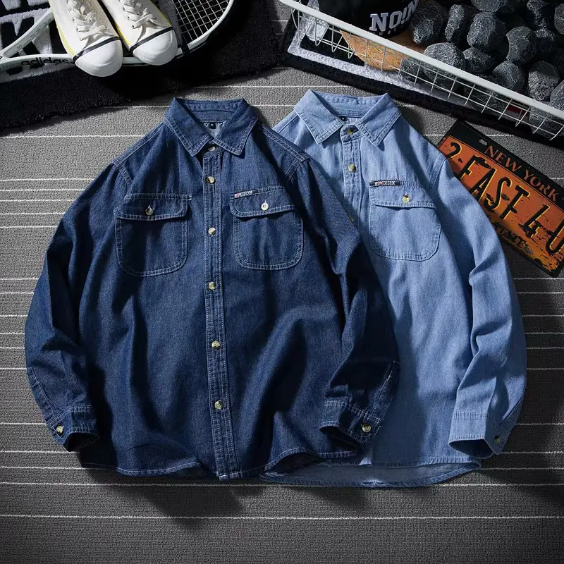 Couples Retro Japanese Style Long Sleeve Denim Shirt Men Loose Fit 4XL Size Versatile Oversized Jacket for All Seasons