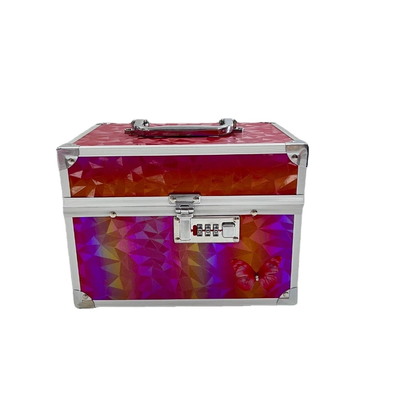 

Nail Lock Box Type Unidirectional Wheel Makeup Storage Solid Color Hard Handle Medium Metal Red Makeup Box