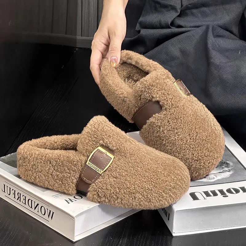 Fashion Lamb Wool Plush Slippers Autumn Winter New Women's Warm Cotton Clothes Outdoor Plush Slippers Height-increasing Insoles - view 4