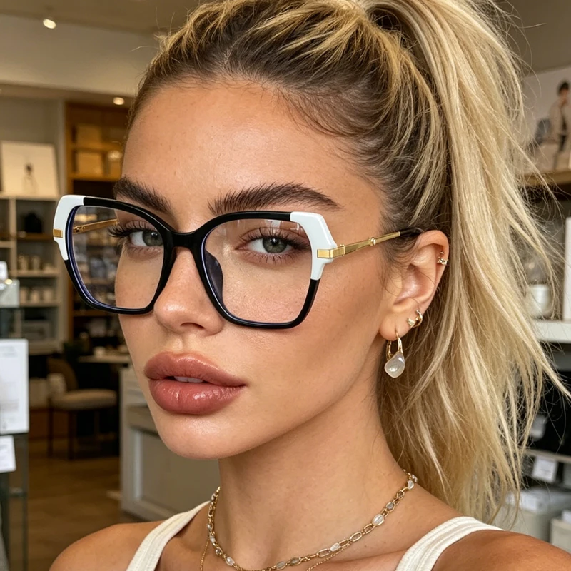 1pc temperament color matching cat's eye large-frame glasses, thin temples, multi-angle design fashion glasses