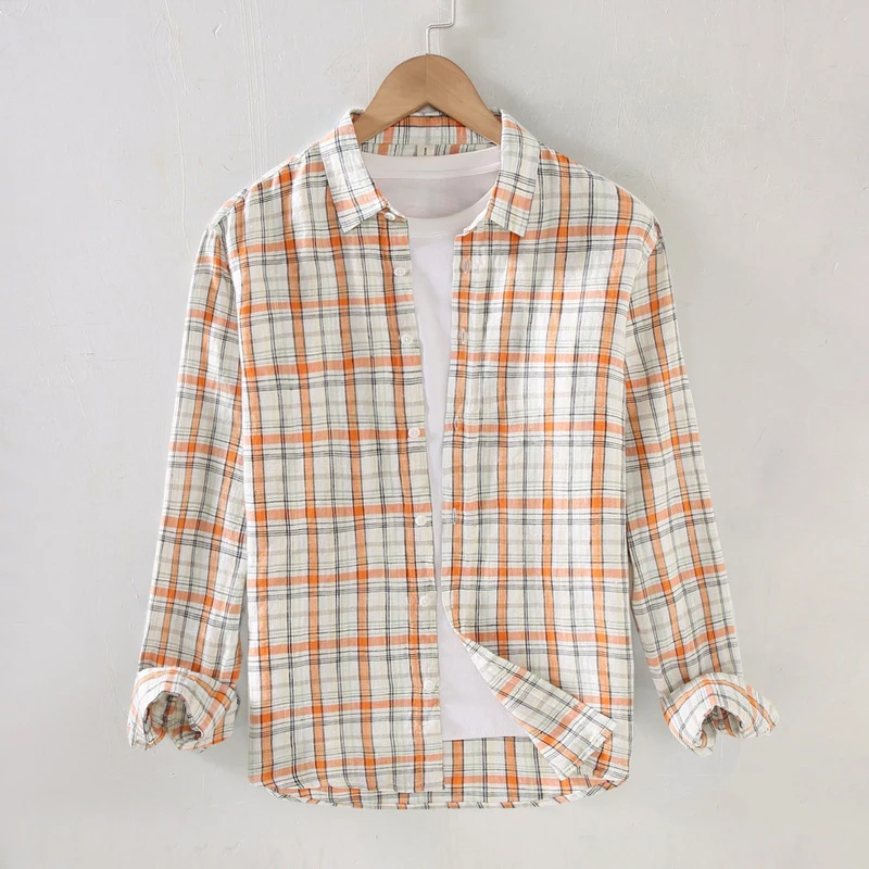 

Linen Plaid Square Collar Men's Shirts Summer New Long Sleeved Fashionable Urban Shirts Casual Breathable Perspire Male Cardigan