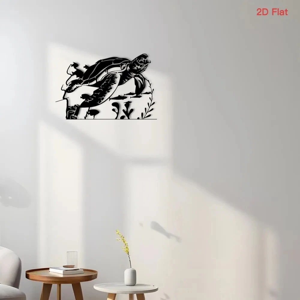 Black Iron Metal Turtle Wall Art - Laser-Cut Ocean-Themed Decoration for Bedroom, Coastal Style, Two-Dimensional Flat Surface