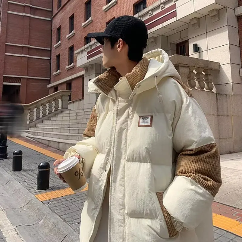 الشتاء رجل سترة المرقعة الوقوف طوق فضفاض الذكور أسفل ملابس خارجية الباردة واقية طويلة الأكمام مقنعين فضفاضة تنوعا الرجال معطف #4