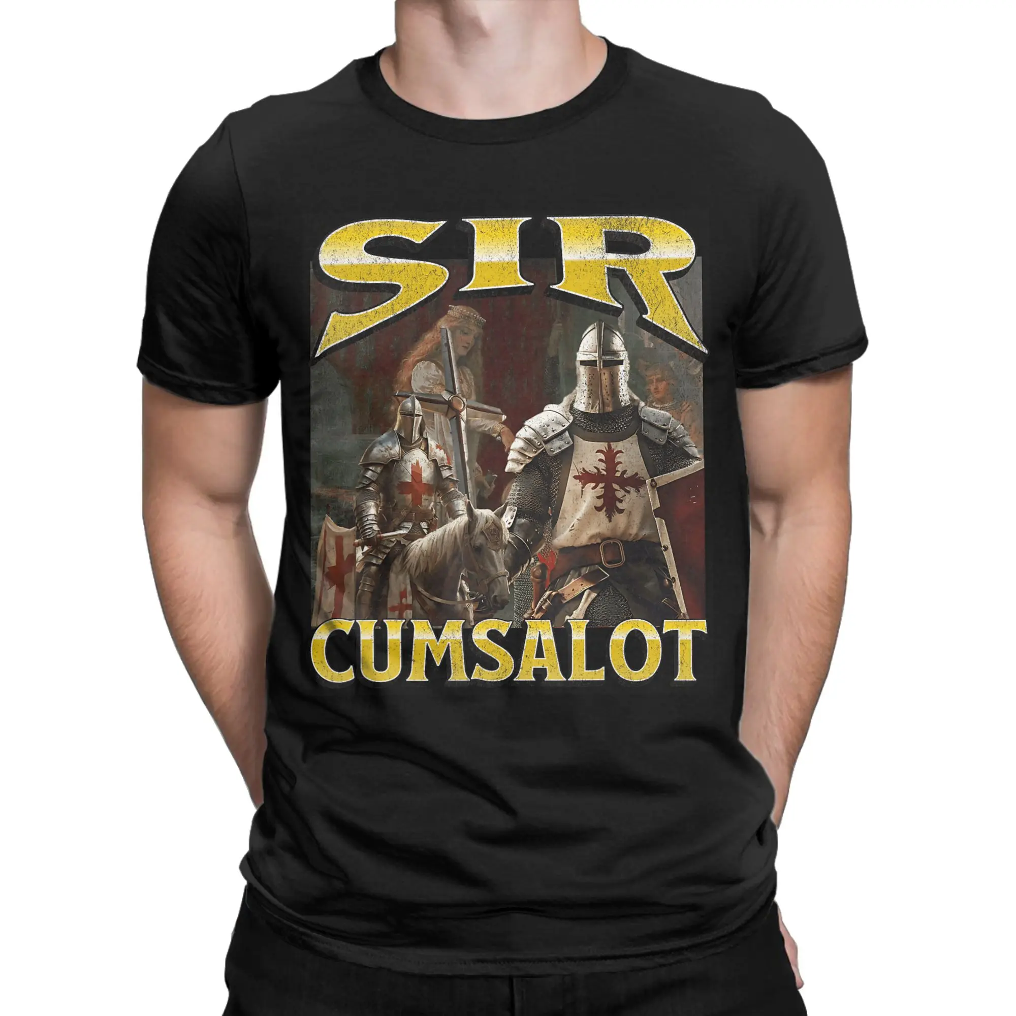 Sir Cumsalot Funny Offensive Knight Meme Graphic T-Shirt Vintage 100% Cotton T-Shirts Summer O Neck Tee Shirt Big Size Tops