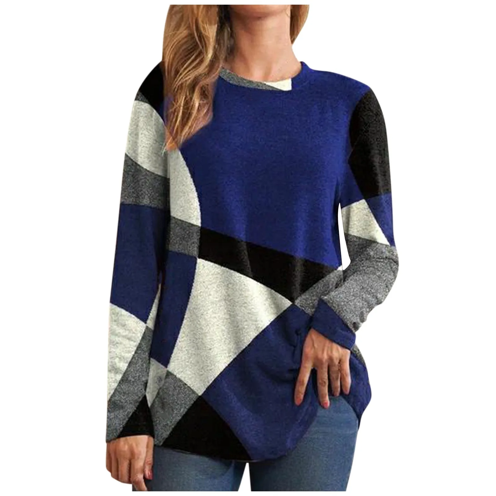 High-quality Trendy Women\'s Thin Geometric Contrast French Cashmere Long Sleeve Print Fashionable Loose Sweatshirt Comfortable