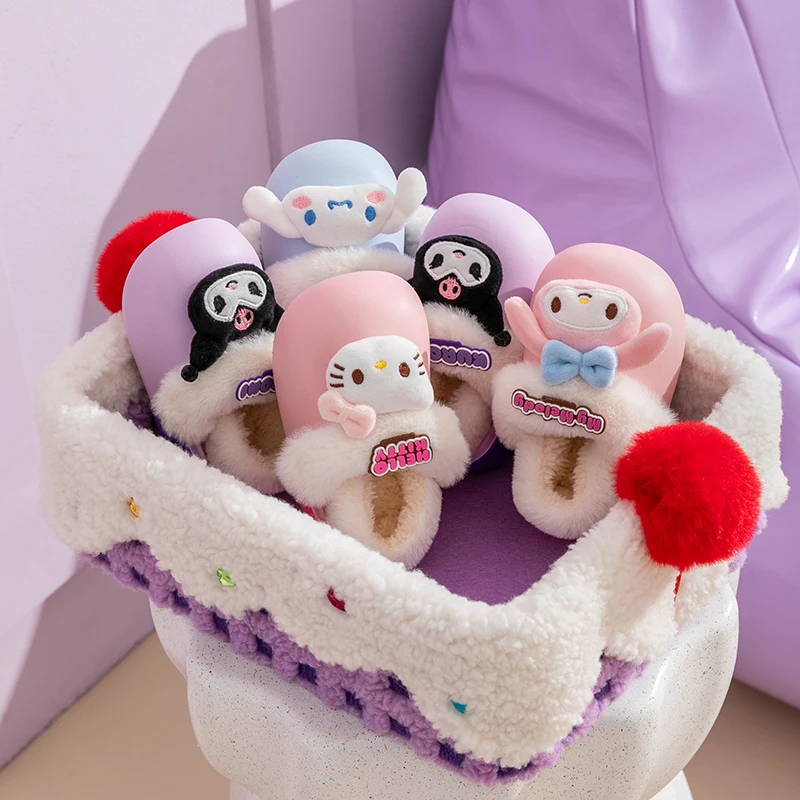 Sanrio Cute Anima Boys Girls Warm Cotton Slippers Winter Kids\' Indoor Plush Home Non-slip Cotton Shoes Kuromi Melody Hello Kitty