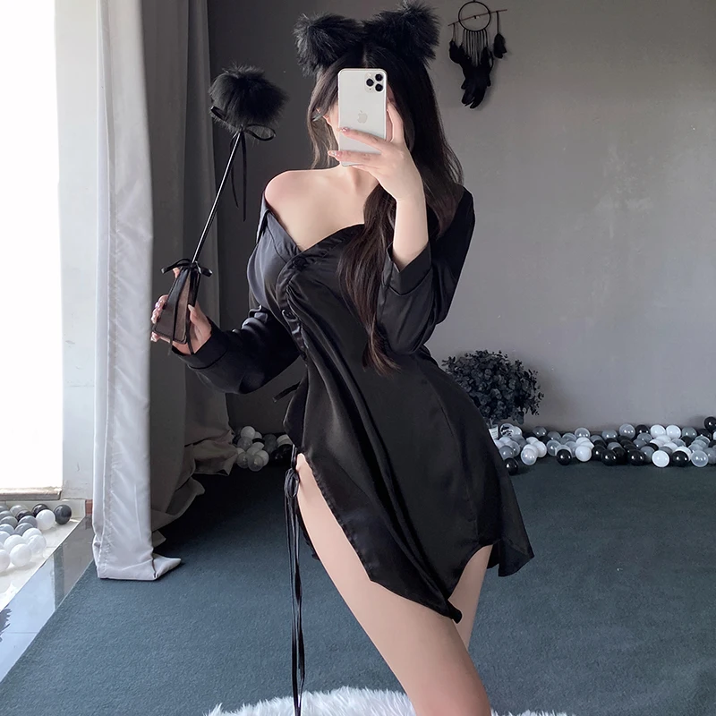 Dichengda Women Sexy Open Chest Sleeping Dress White Black V Neck Mini Dress Girls Lovely High Slipt Night Dress Bandage 2023