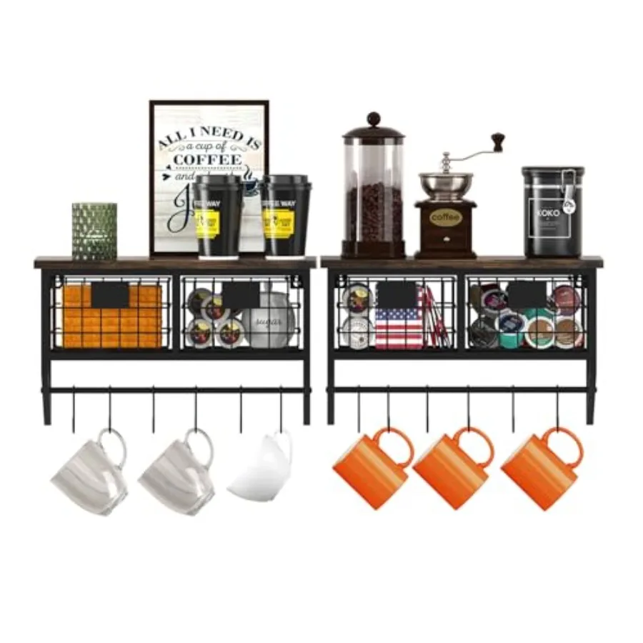 

Industrial Wall Mounted Metal Wood Floating Shelves with Baskets Hooks Hanging Display Shelf Sundries Holder for Coffee Bar Kit