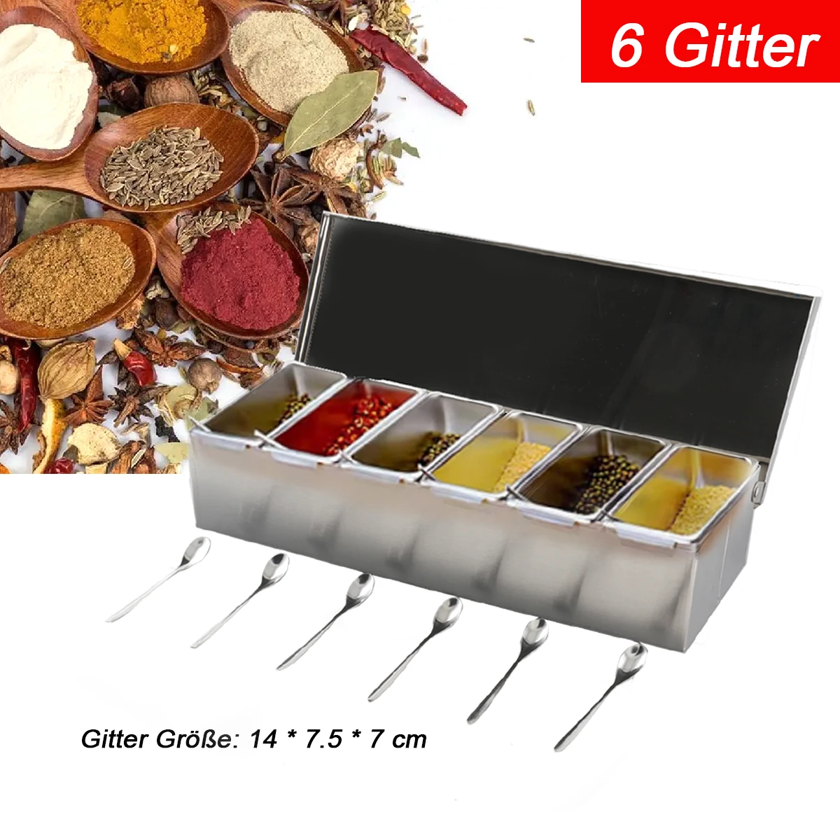 6-teilige Zutatenbox aus Edelstahl für Salz, Zucker, Käse, Soße, Gewürzbox, Pizza, Werkzeug, Snack-Aufbewahrungsbox – Detail 13