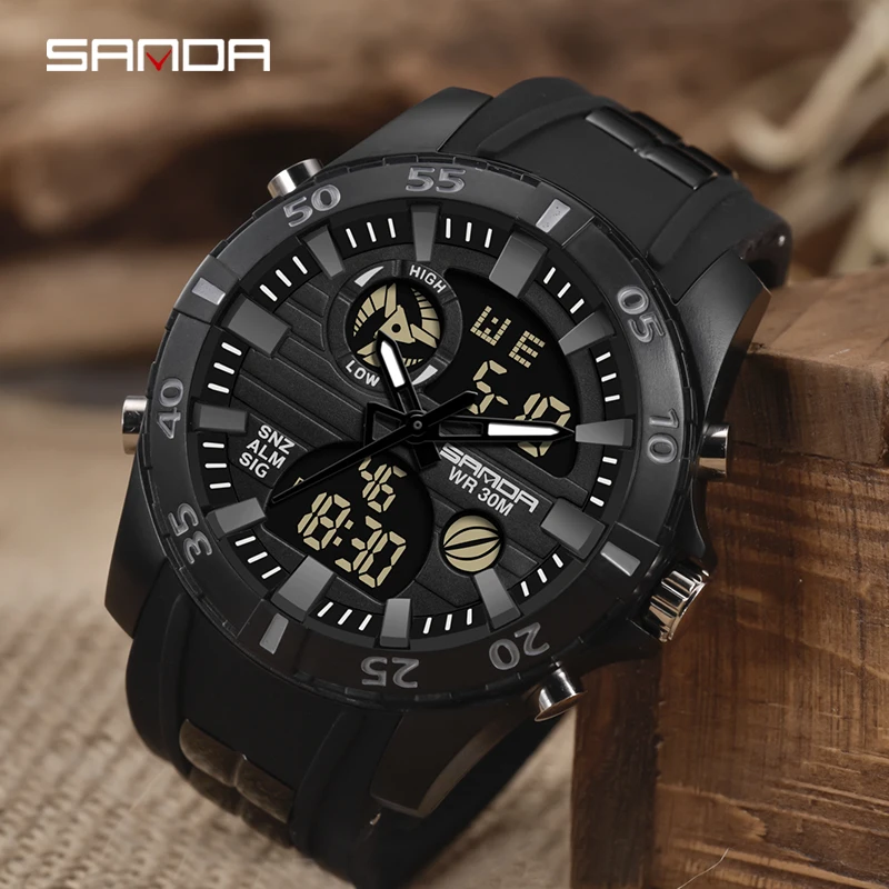 Sanda Fashion Brand Sports Mens Dual Display Watch Waterproof Silicone Strap Led Multifunctional Chronograph Luminous Watches