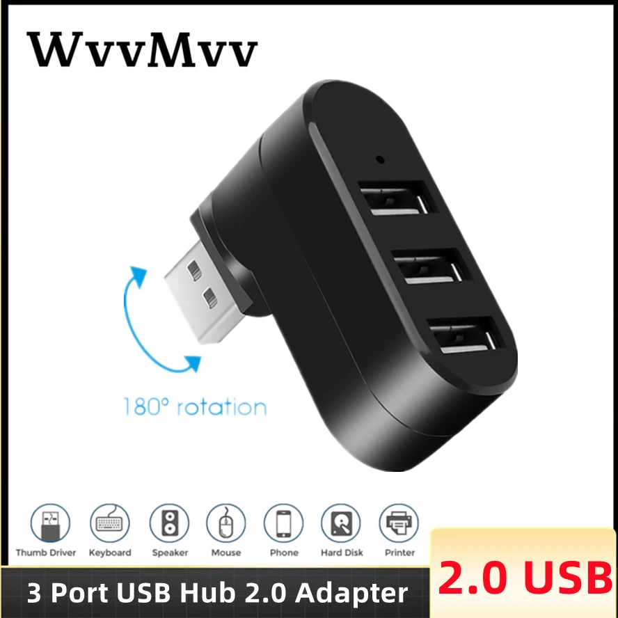 Adaptador USB HUB 2.0 com 3 Portas, Rotate Splitter, Alta Velocidade, U Disk Reader para Xiaomi, Macbook Pro, Computador, Laptop, PC Acessórios