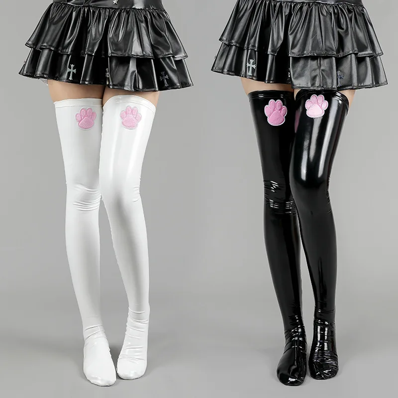 

Girl Cat Paw Stocking Wet Look Cute Patent Leather Glossy Stockings Women Over Knee High Thighs Socks Sexy Pole Dance Clubwear