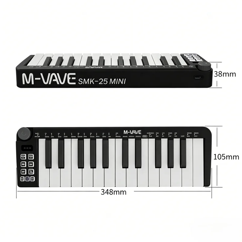 M-VAVE SMK-25 MINI Keyboard Black, Portable Rechargeable 25-Key MIDI Controller for Studio Live Recording, Wireless Connection