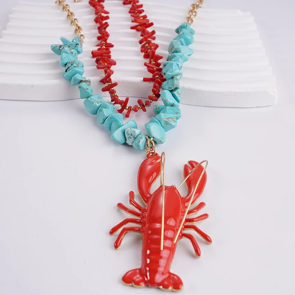 

Red Coral Paired With Irregular Natural Stone Necklace Featuring Lobster Pendants In A Charming Couple's Style Necklace