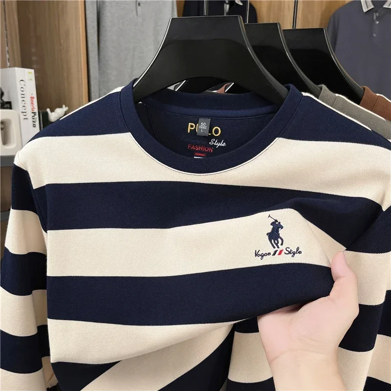 

Light Luxury Fashion Paul Brand Long Sleeved T-shirt Men's Round Neck Polo Shirt Striped Autumn Top Business Casual