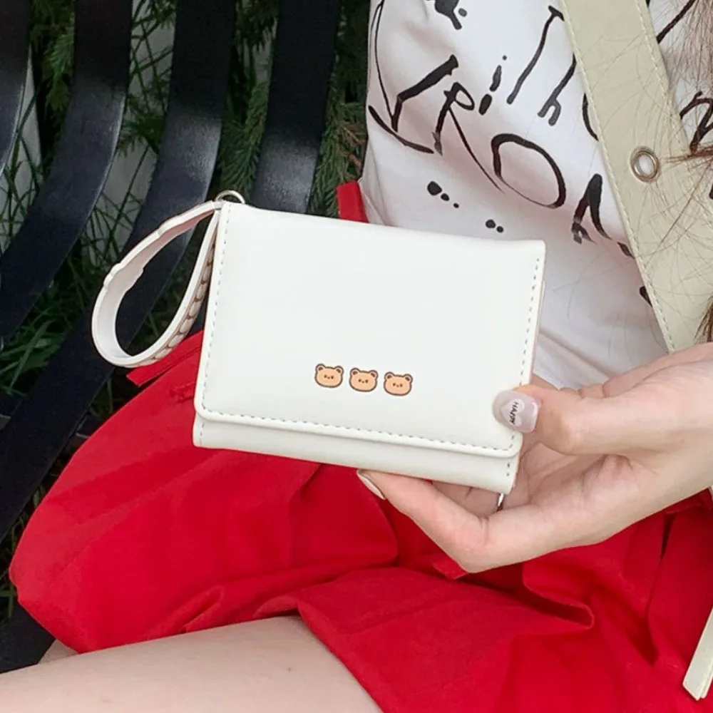 Nova cor rosa carteira curta com alça de mão cor sólida moeda bolsa dos desenhos animados urso saco de dinheiro feminino
