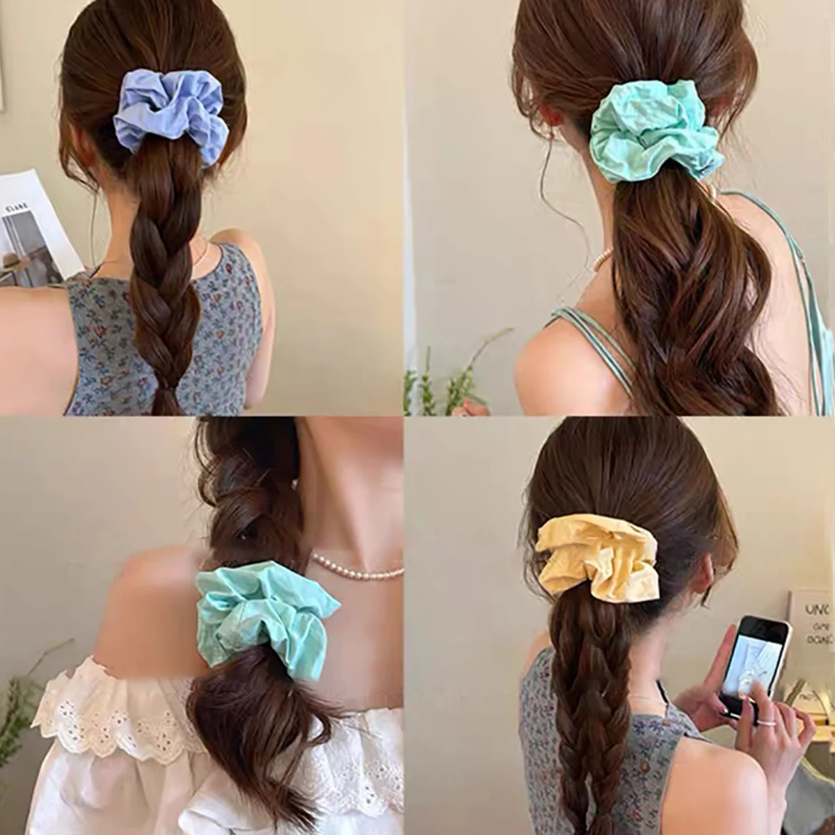 Large Skinny Scrunchies Summer Plain Color Fabric Hair Tie Elastic Hair Band Ponytail Holder Sweet Simple Women Hair Accessories