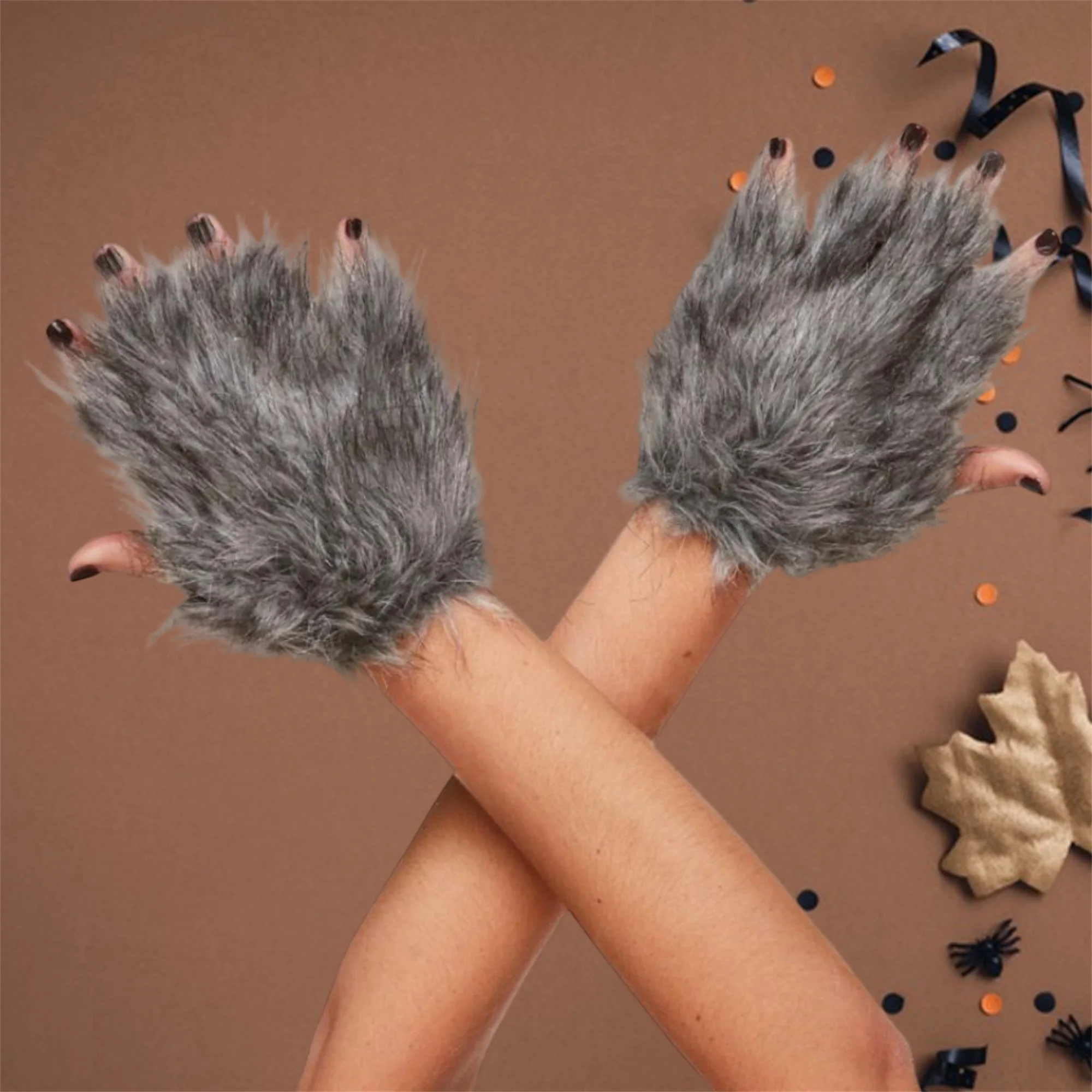 검은색 털곰 발바닥 장갑 할로윈 코스튬 액세서리 (어린이 및 성인용) - 부드러운 봉제 동물 발톱 장갑 (의상용)