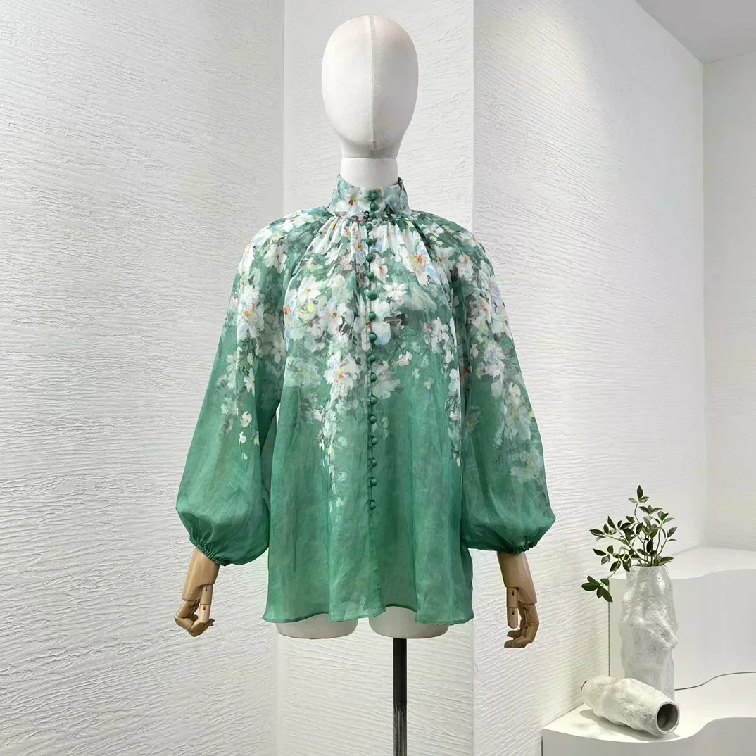 2024 Nieuwe hoogwaardige groen witte bloemenprint blouse met lange mouwen tops rokset voor dames