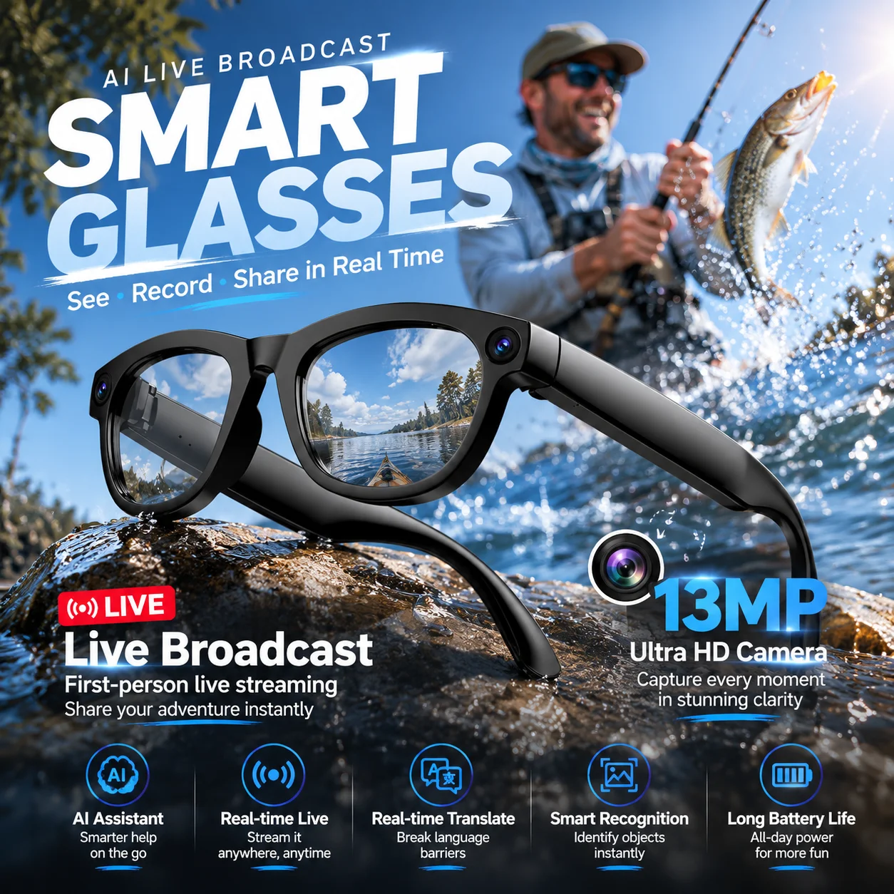 GUHUAVMI AI Camera Glasses 13MP First-Person Live Translation Voice Assistant