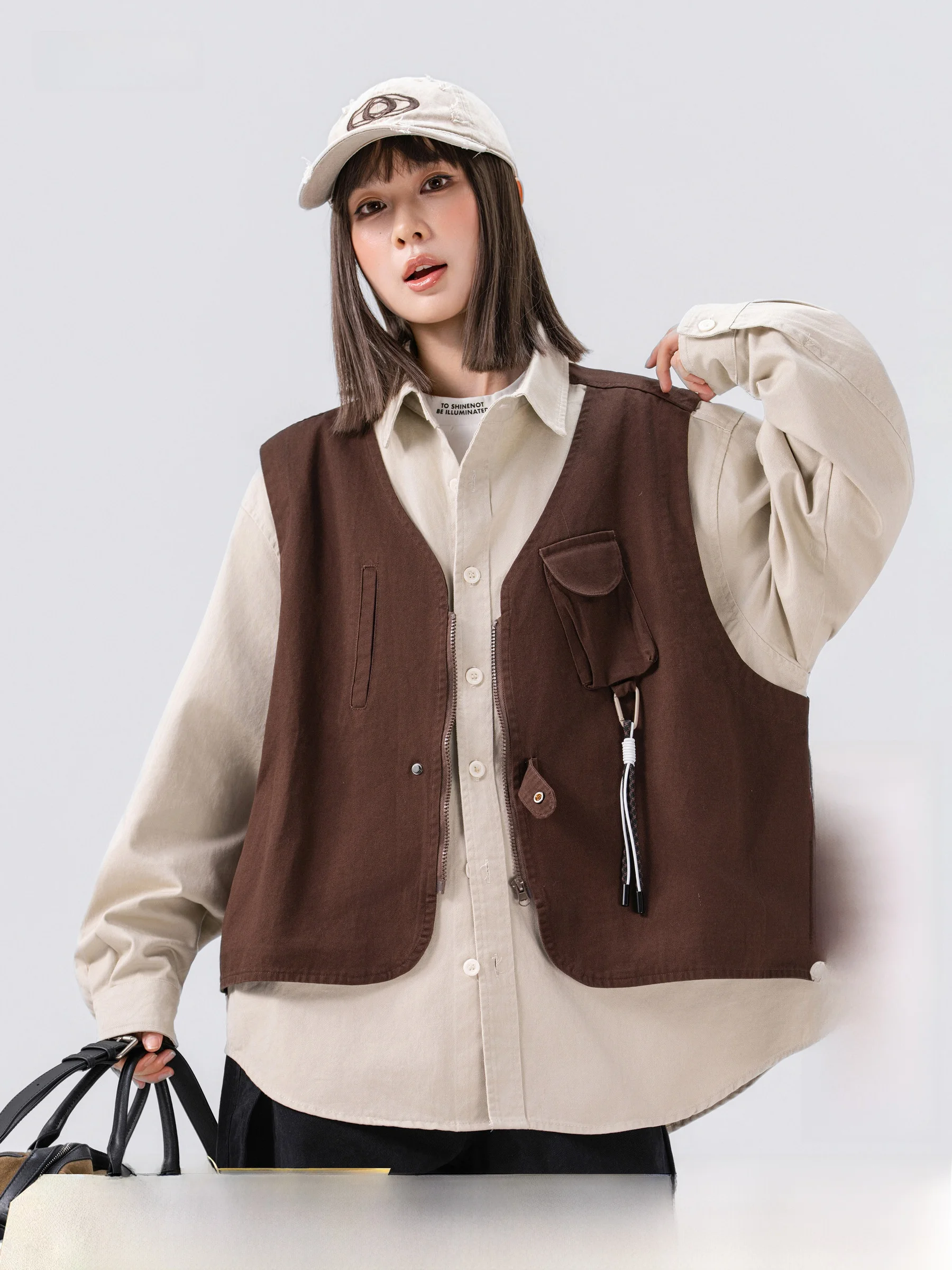 Retro Workwear Loose Casual Shirt Jacket Men Women Autumn Color Block Design Fake Two-Piece Vest Shirt Comfortable Cotton