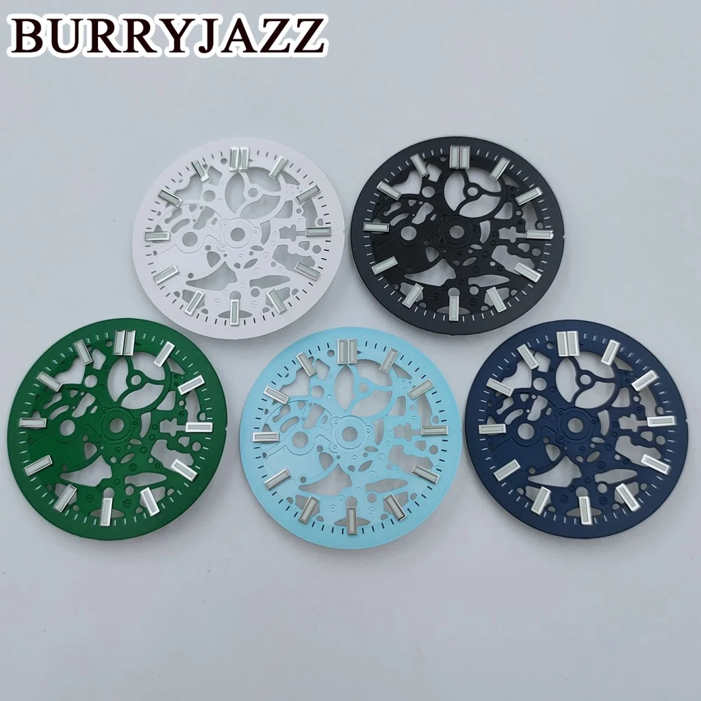 BURRYJAZZ 29.5mm No Logo NH70 NH72 Hollow Skeleton Dial Black Green Blue White Dial Green Luminous 3 O'clock Case Crown