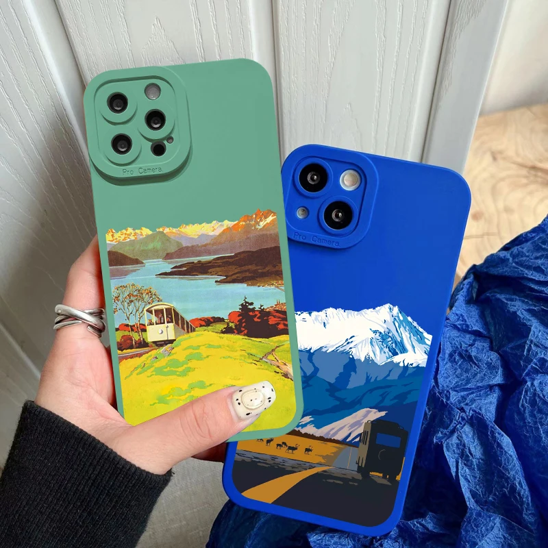 Aesthetic Art Hand Painted Pattern Mountain Scenery Phone Case for iphone 14 11 12 13 Pro Max 7 8 14 Plus SE 2020 X XR XS Covers