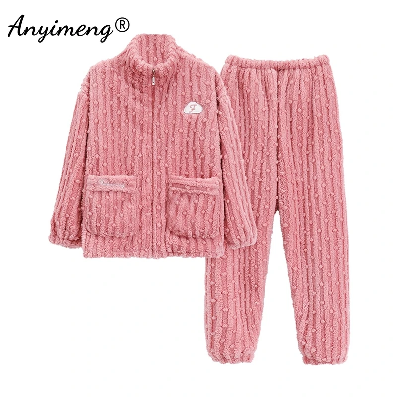 Plus Size M-5XL Winter Flannel Pajamas for Women Soft Pink Woman Nightwear Velvet Warm Homewear Cardigan Pijamas for Girl