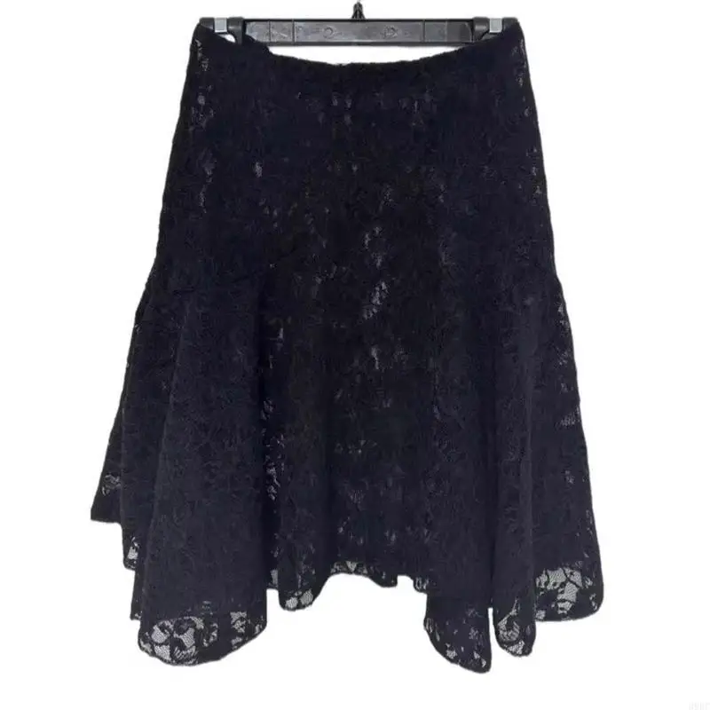 

39BC Women Vintage Elastic Waist Irregular Layered Sheer Florals Lace Midi Long Skirt