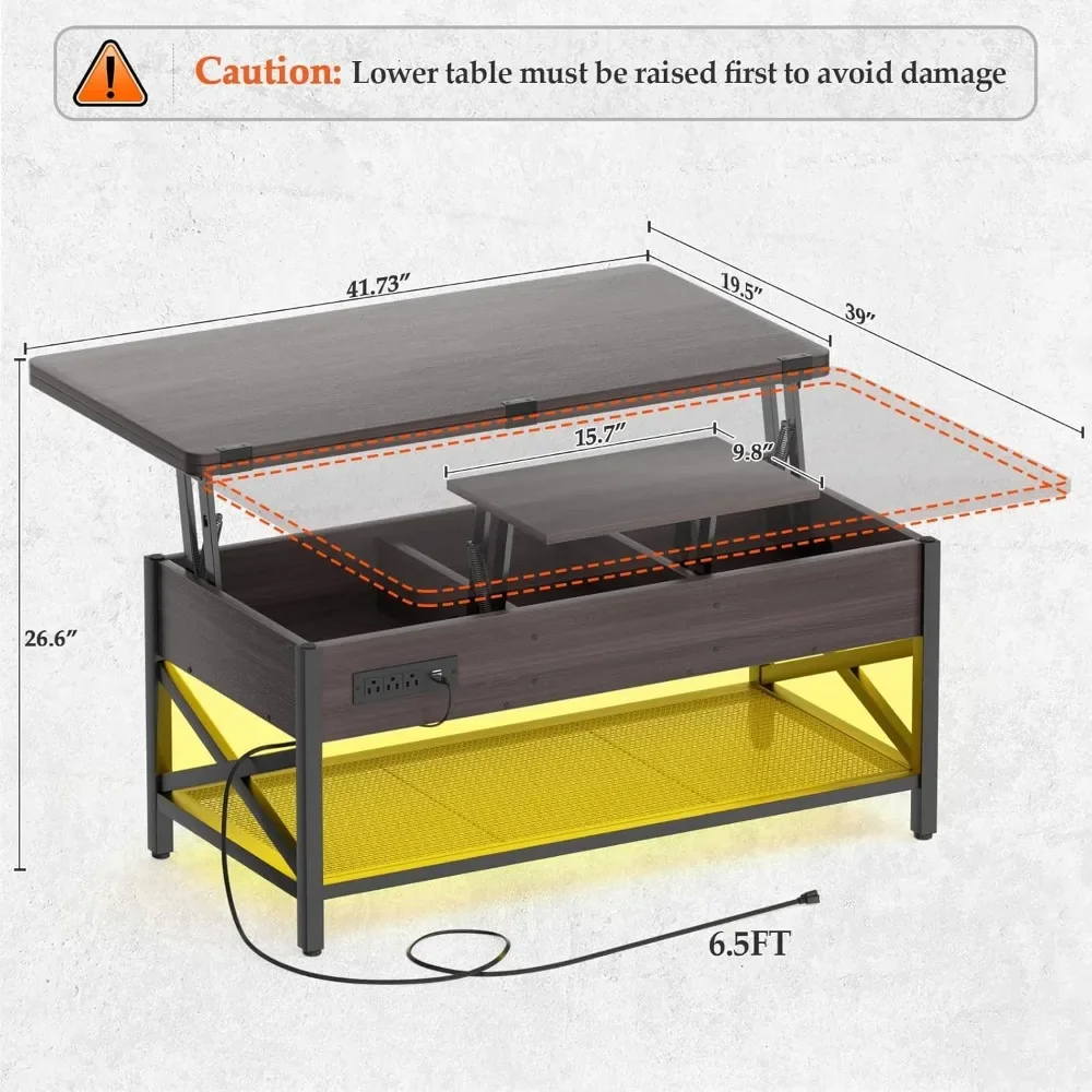 Coffee Table, Converts To Dining Table with LED Lights and Power Outlet, Center Table with Shelf, Elevated Coffee Table