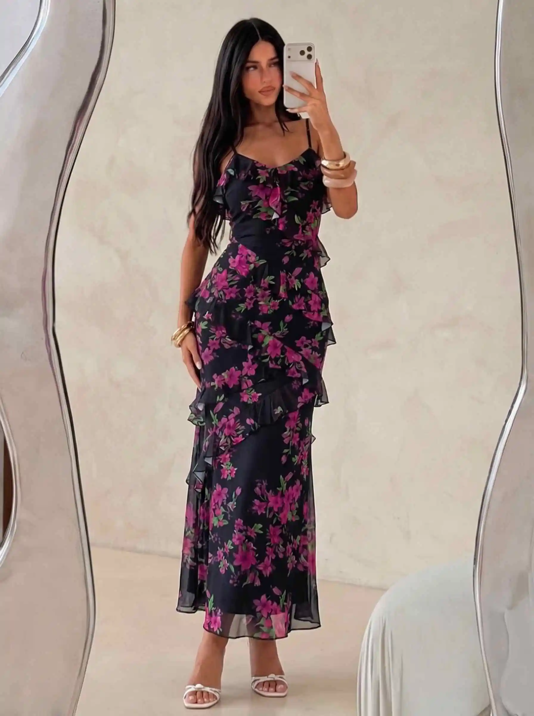 Damen Aquarell-Rosen-Print Cami-Kleid mit Rüschen, Chiffon-Midikleid, Spaghettiträger, fließendes Kleid für Urlaub, Strandparty, Ferien – Detail 10