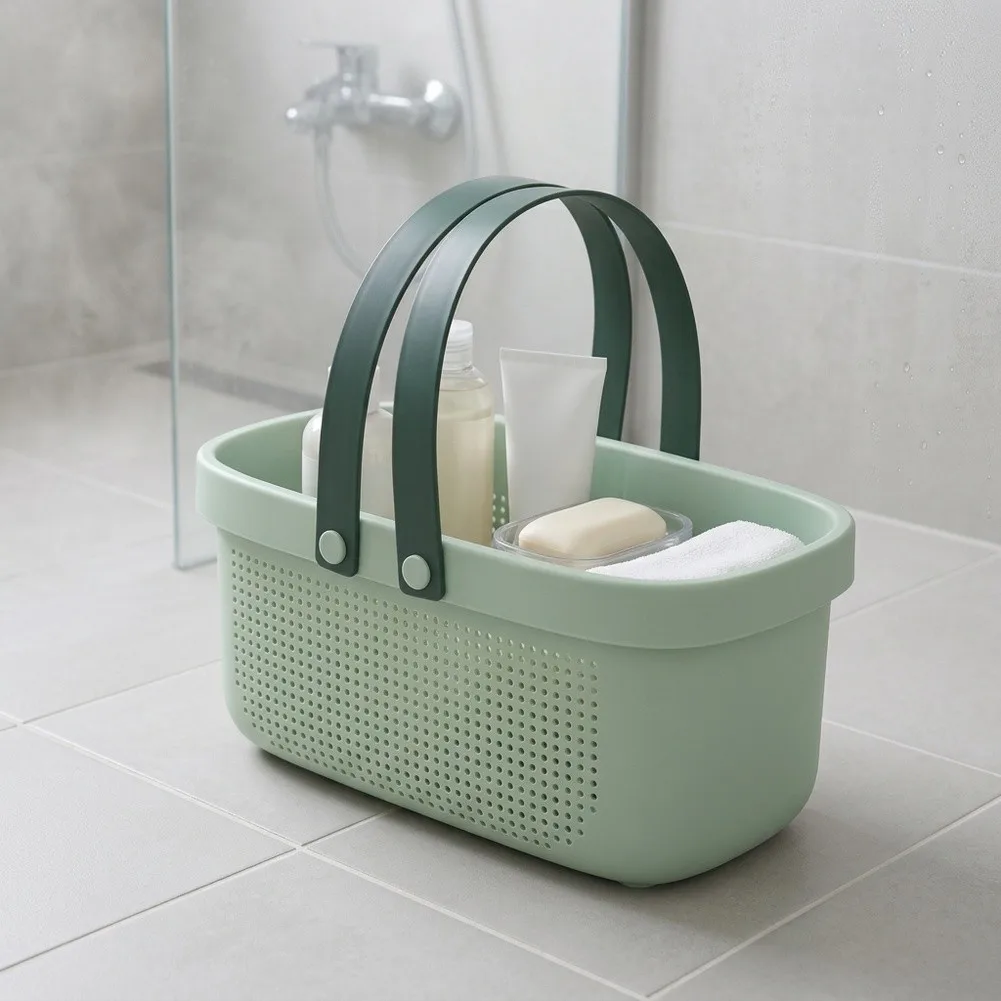 Plastic Bathroom Caddy with Handle Ventilation and Removable Divider for Shampoo Lotion and Razors in Shared Spaces