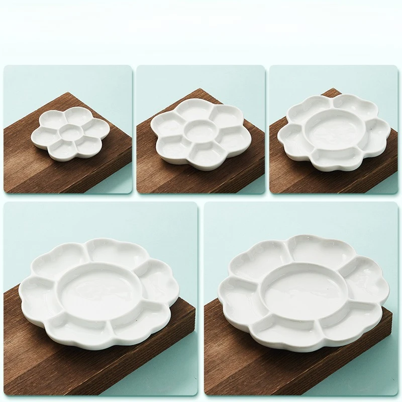 Plum‑Blossom Ceramic Ink Palette Dish, Multi‑use Pigment Tray Palette for Gouache Watercolor Chinese Calligraphy Art Supplies